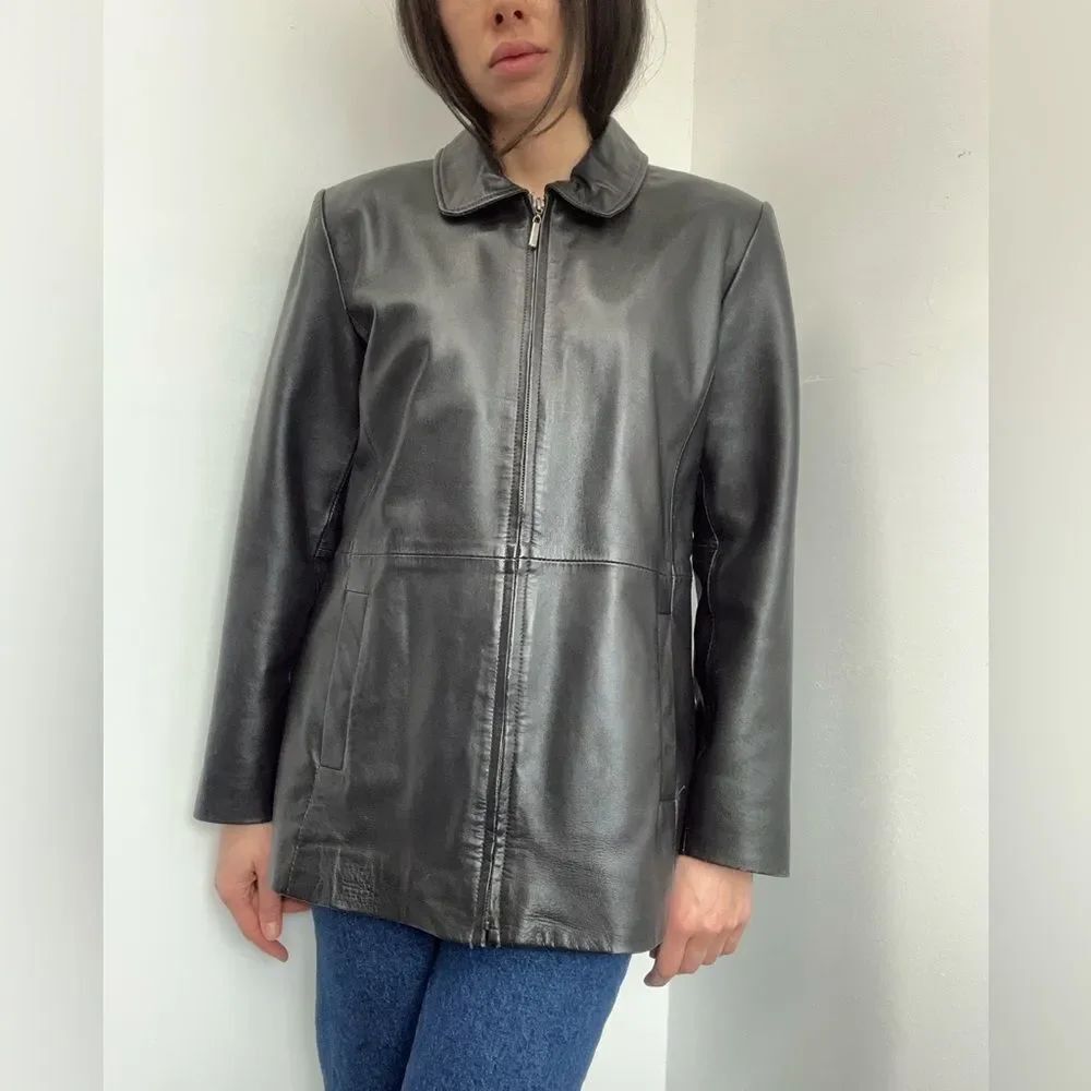 Vintage 90's Black Leather Jacket Minimalist Collared Zip Front Size M
